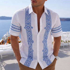 Men’s Geometric Grid Plaid 3D Print Guayabera Shirt Turndown Collar Short Sleeve Blue Purple Green Retro Style For Spring Summer