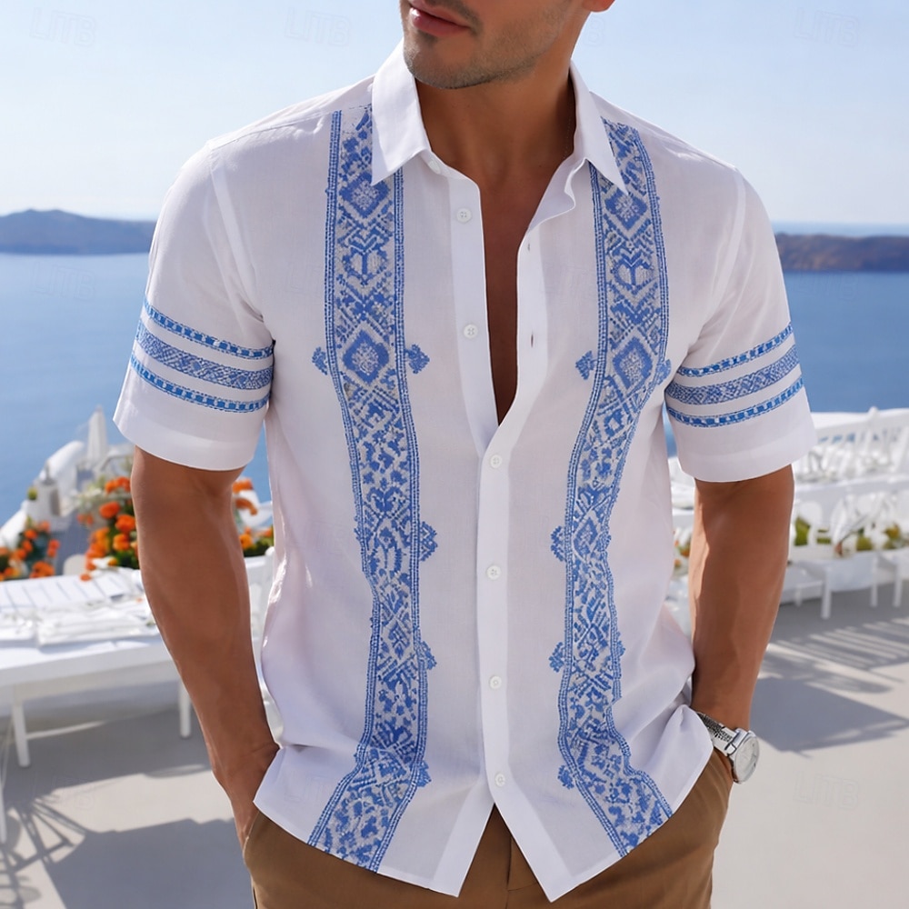Men's Geometric Grid Plaid 3D Print Guayabera Shirt Turndown Collar Short Sleeve Blue Purple Green Retro Style For Spring Summer