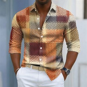 Men’s Geometric Color Block Grid Plaid Patterns Shirt Button Up Shirt Long Sleeve Fashion Casual Fall 3D Print Collared Shirts