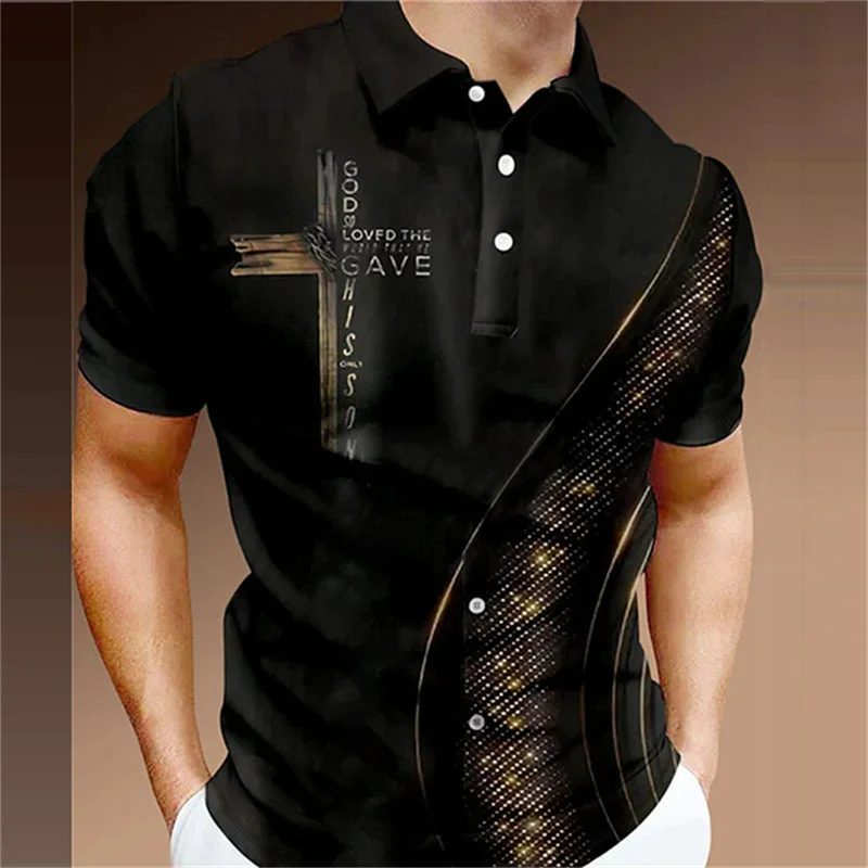 Cross Rack Graphic Polo Shirt For Men Geometric Plaid 3D Print T-Shirts Fashion Casual Oversized Street Lapel Tops Button Tees