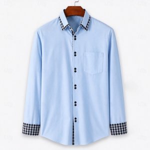 Men’s shirt light blue solid color plaid patchwork lapel shirt casual commuting button up cardigan men’s comfortable fabric