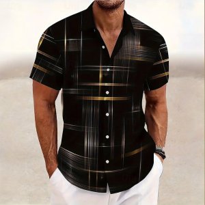 Geometric Plaid Print Men Casual Shirt Short Sleeve Loose Turn Down Collar Hawaii Shirts Daily Wear Beach Vacation Streetwear