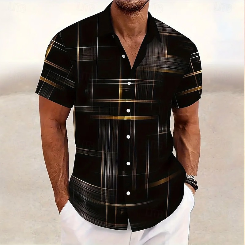 Geometric Plaid Print Men Casual Shirt Short Sleeve Loose Turn Down Collar Hawaii Shirts Daily Wear Beach Vacation Streetwear