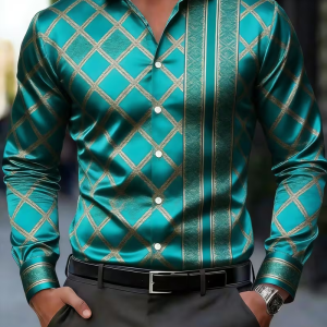 New Plaid Shirt Satin Lake Green Gold-Plated Diamond Patterned Vertical Stripe Artistic Men’s Long Sleeved Shirt