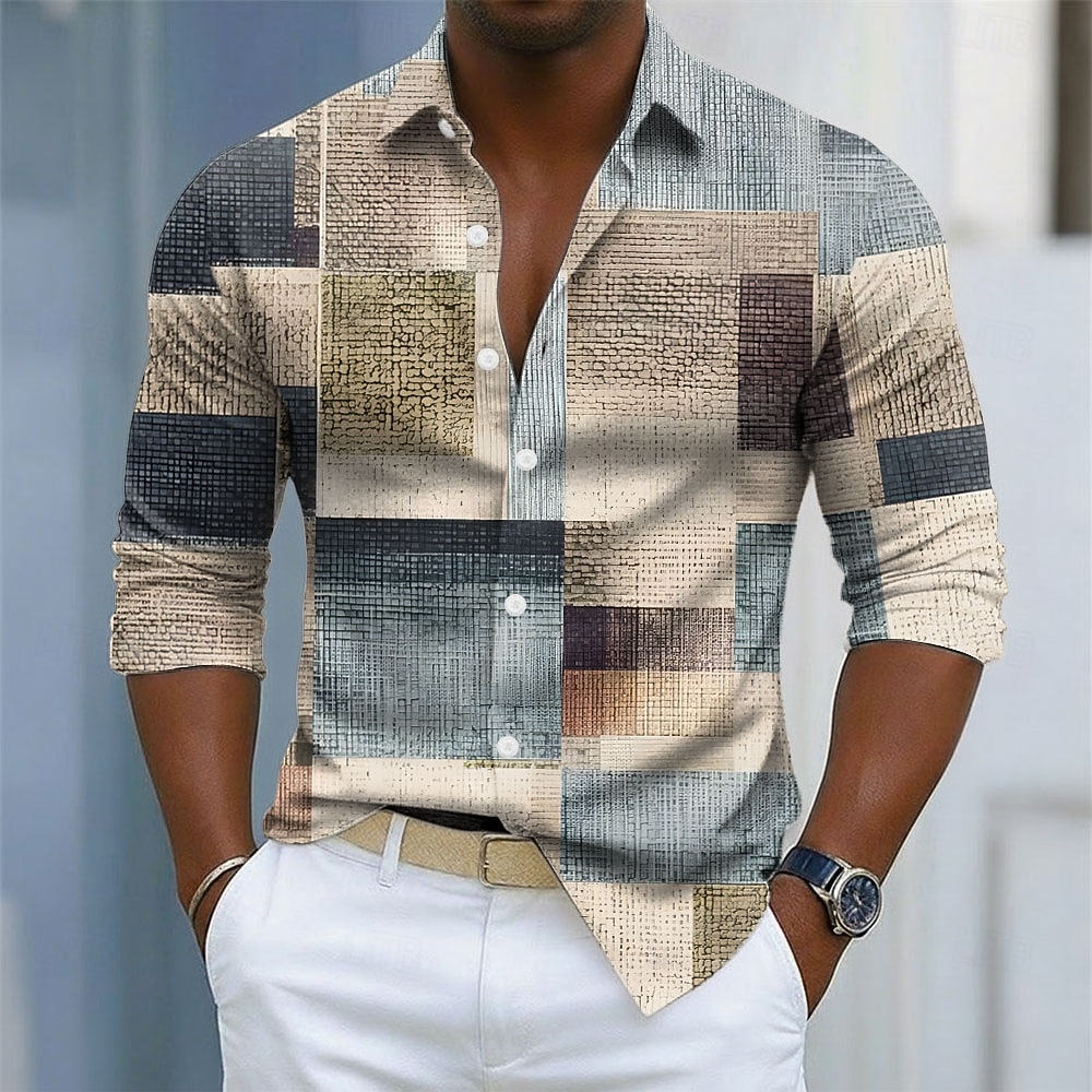 Men's Geometric Color Block Grid Plaid Patterns Shirt Button Up Shirts Long Sleeve Fashion Casual Fall 3D Print Collared Shirt