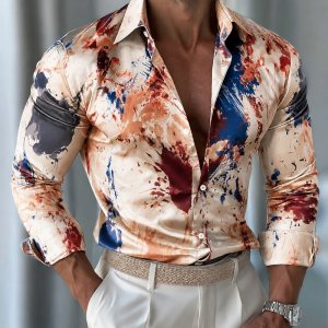 Men’s shirt new abstract art splashed ink shirt personality retro contrasting color paint print slim casual men’s shirt XS-6XL