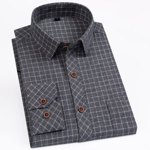 Men’s Plaid Checkered Long Sleeve Casual Brushed Shirts Single Patch Pocket Fashion Chemise Homme Standard-fit Striped Shirt