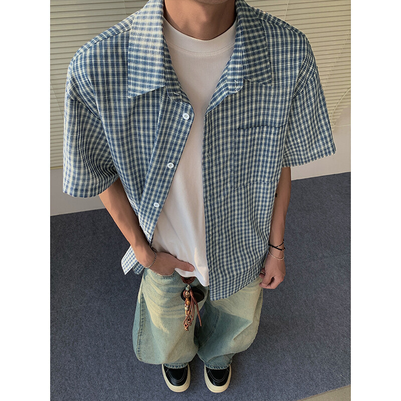 Summer Short Sleeved Shirt Men Fashion Retro Plaid Shirt Men Streetwear Korean Loose Vintage Casual Shirts Mens Large Size 5XL