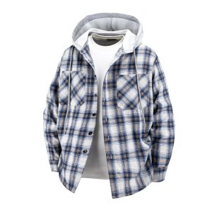 Men’s Casual Plaid Flannel Shirt Jacket, Spring and Autumn Long-sleeved Fashionable Hooded Warm and Comfortable Large-size Shirt