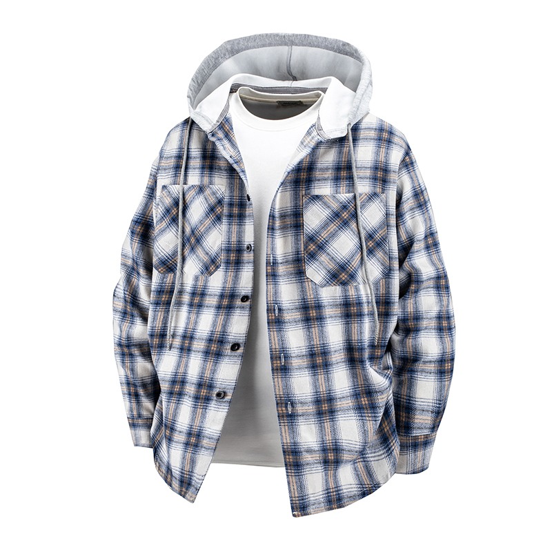 Men's Casual Plaid Flannel Shirt Jacket, Spring and Autumn Long-sleeved Fashionable Hooded Warm and Comfortable Large-size Shirt