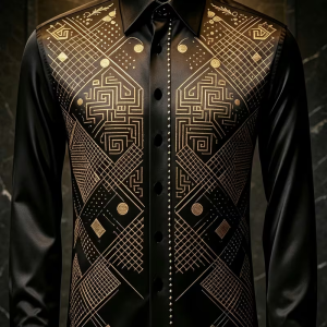 New men’s Retro Tribal Casual Shirt Solid Color Brown Base 3D Ethnic Geometric Printed Pattern Long Sleeved Shirt