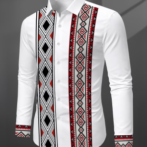 New White Background And Red Border Ethnic Style Geometric Totem Front Printed Men’s Long-Sleeved Shirt Casual Shirt