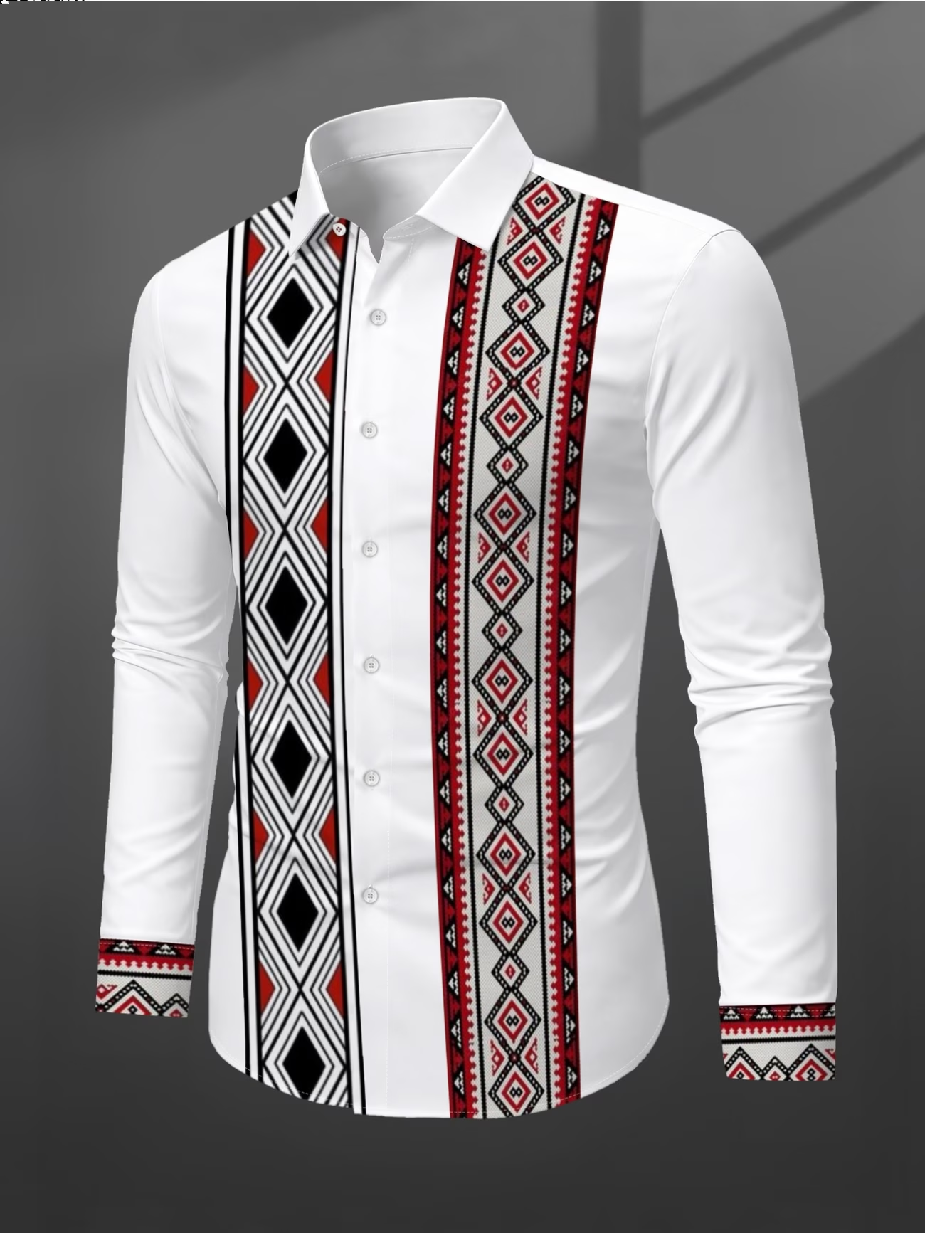 New White Background And Red Border Ethnic Style Geometric Totem Front Printed Men's Long-Sleeved Shirt Casual Shirt