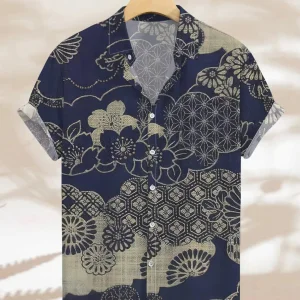 Men Navy Japanese Style Sakura Geometric Ethnic Satin Print Short Sleeve Casual Shirt