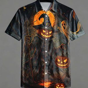 Men Casual Short-Sleeve Shirt with Pumpkin Scarecrow And Ghosts Pattern in Moonlit Forest Men’s Top Trendy Button-Up Shirts