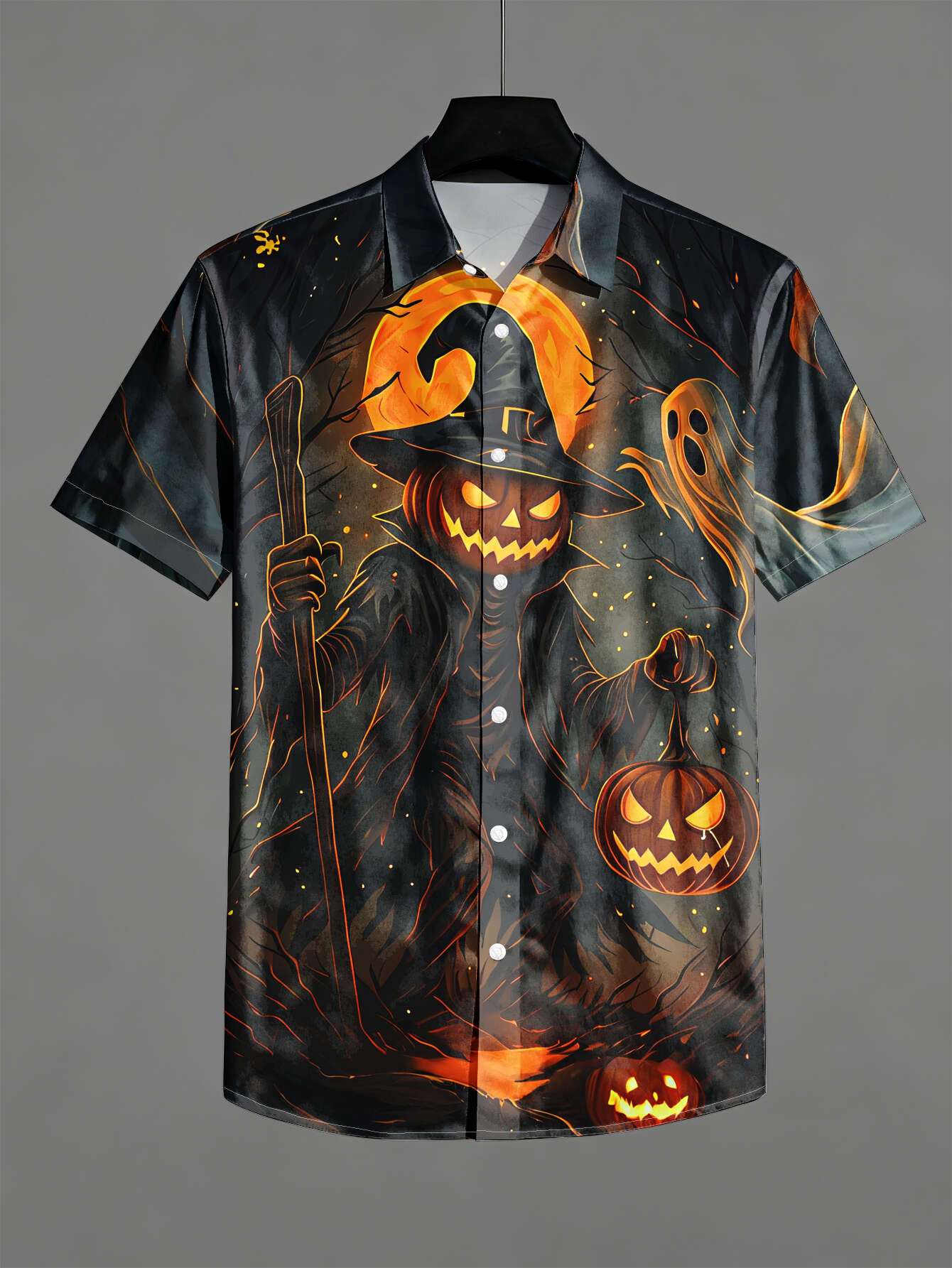 Men Casual Short-Sleeve Shirt with Pumpkin Scarecrow And Ghosts Pattern in Moonlit Forest Men's Top Trendy Button-Up Shirts