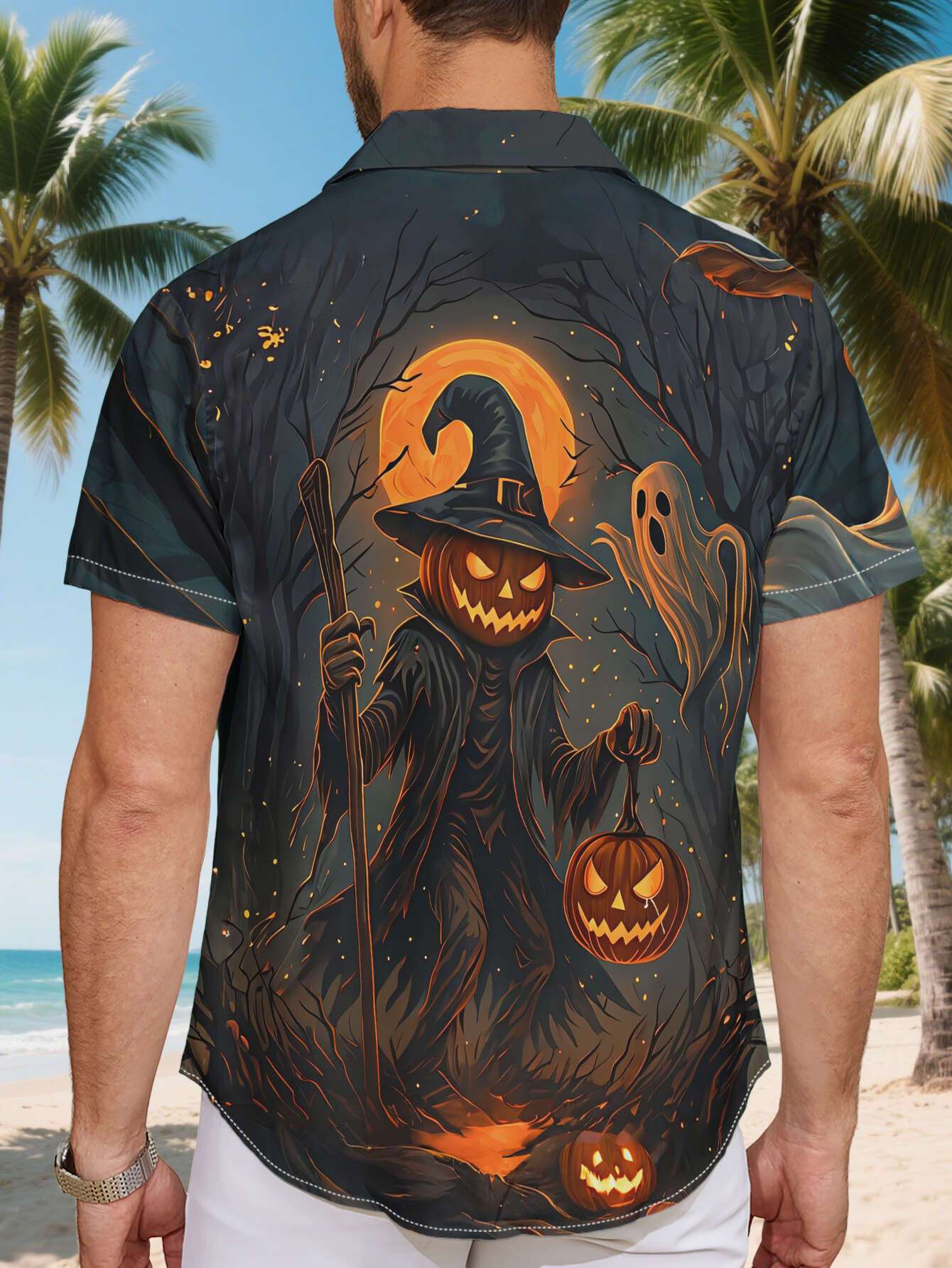 Men Casual Short-Sleeve Shirt with Pumpkin Scarecrow And Ghosts Pattern in Moonlit Forest Men's Top Trendy Button-Up Shirts
