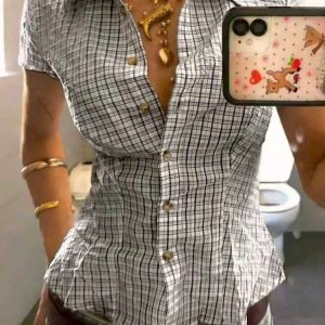 Women Plaid Short Sleeve Turn-down Collar Ruffles Hem Button Semi-Fitted Shirt Summer Commuting Streetwear Tee Top Y2K Crop top