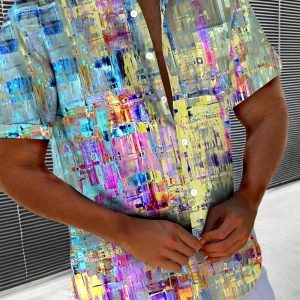 Men Colorful Abstract Pixel Print Short Sleeve Turn-down Collar Shirt Summer Beach Casual Button Down Streetwear Top