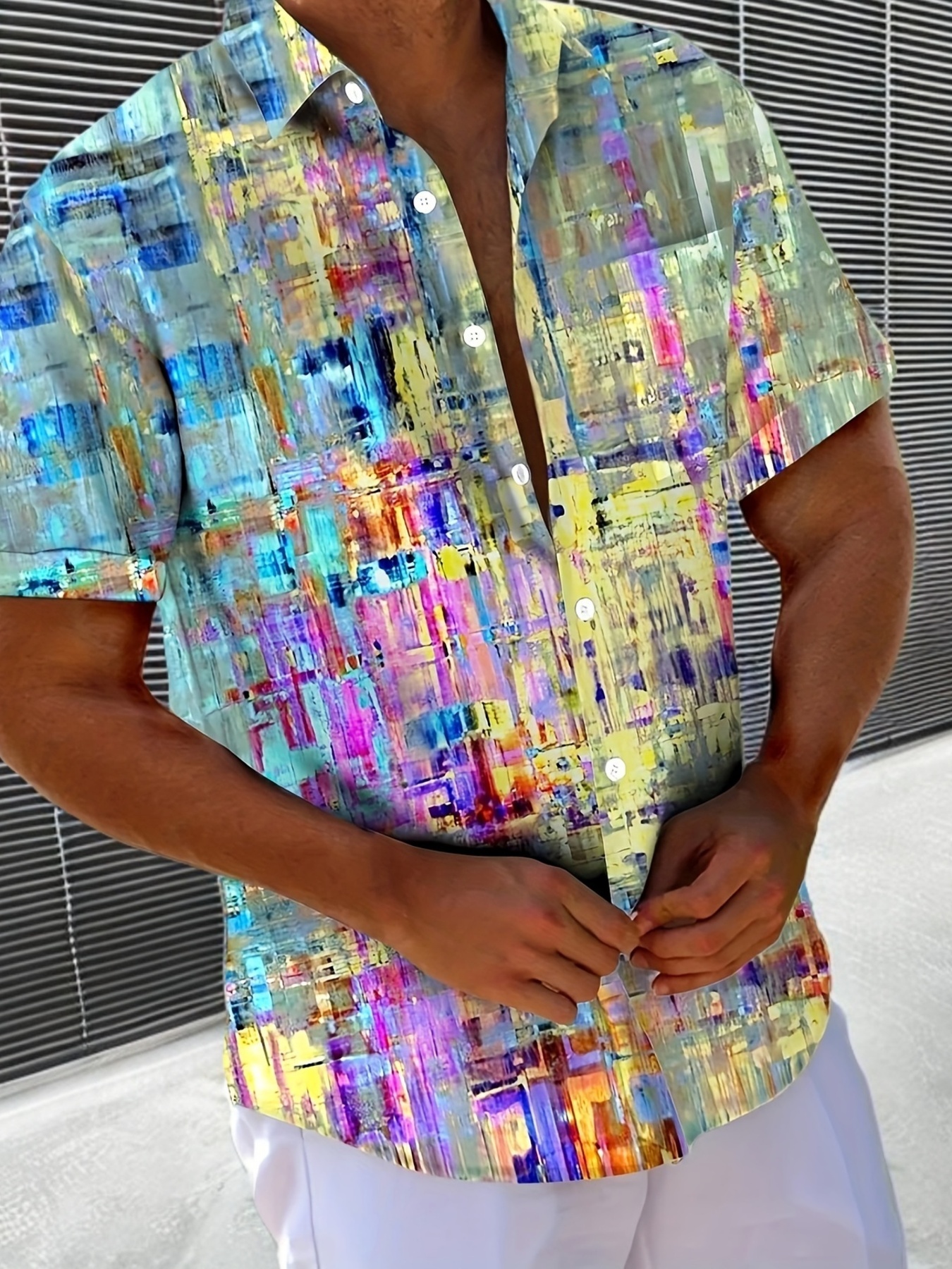 Men Colorful Abstract Pixel Print Short Sleeve Turn-down Collar Shirt Summer Beach Casual Button Down Streetwear Top