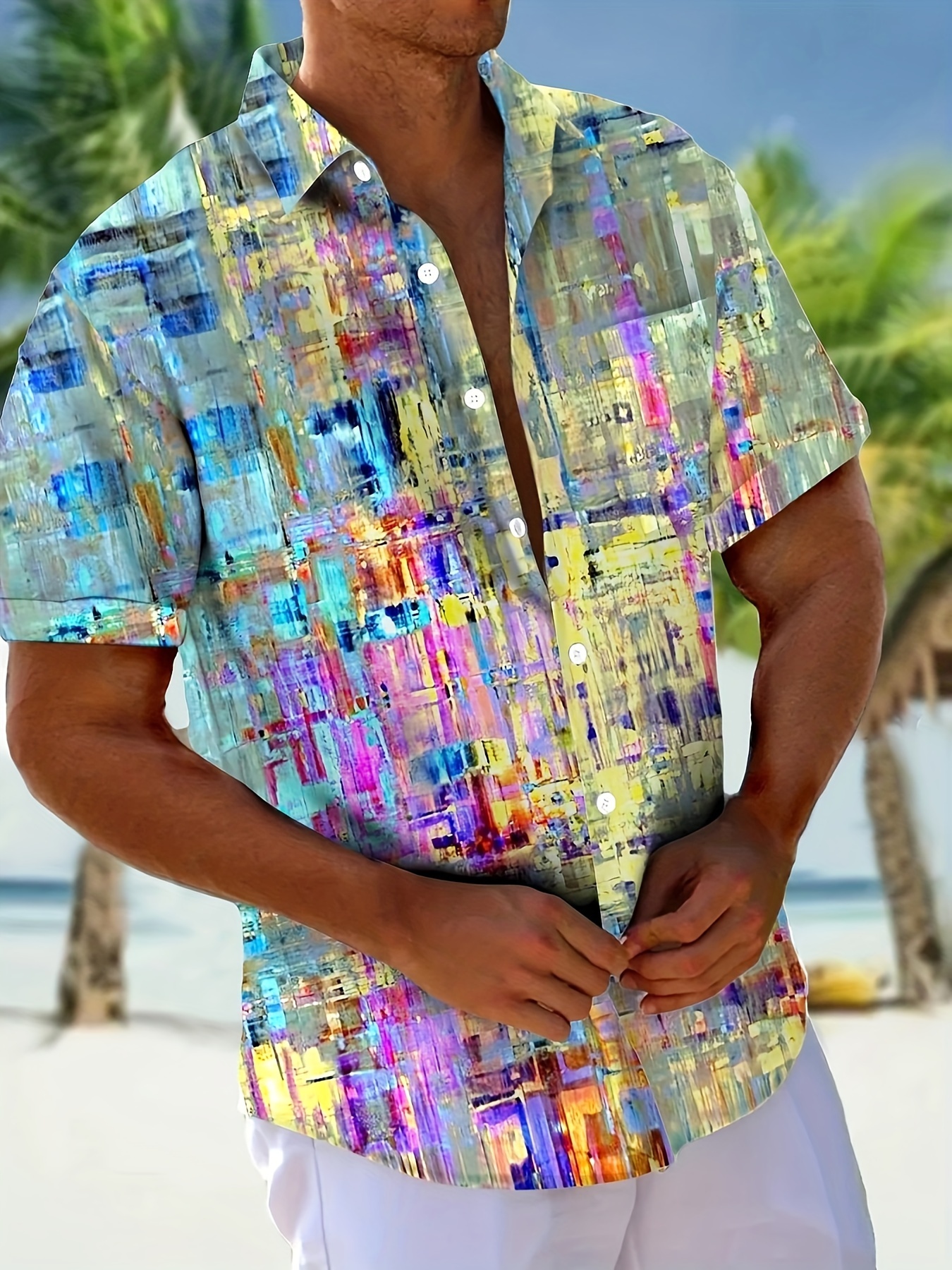 Men Colorful Abstract Pixel Print Short Sleeve Turn-down Collar Shirt Summer Beach Casual Button Down Streetwear Top