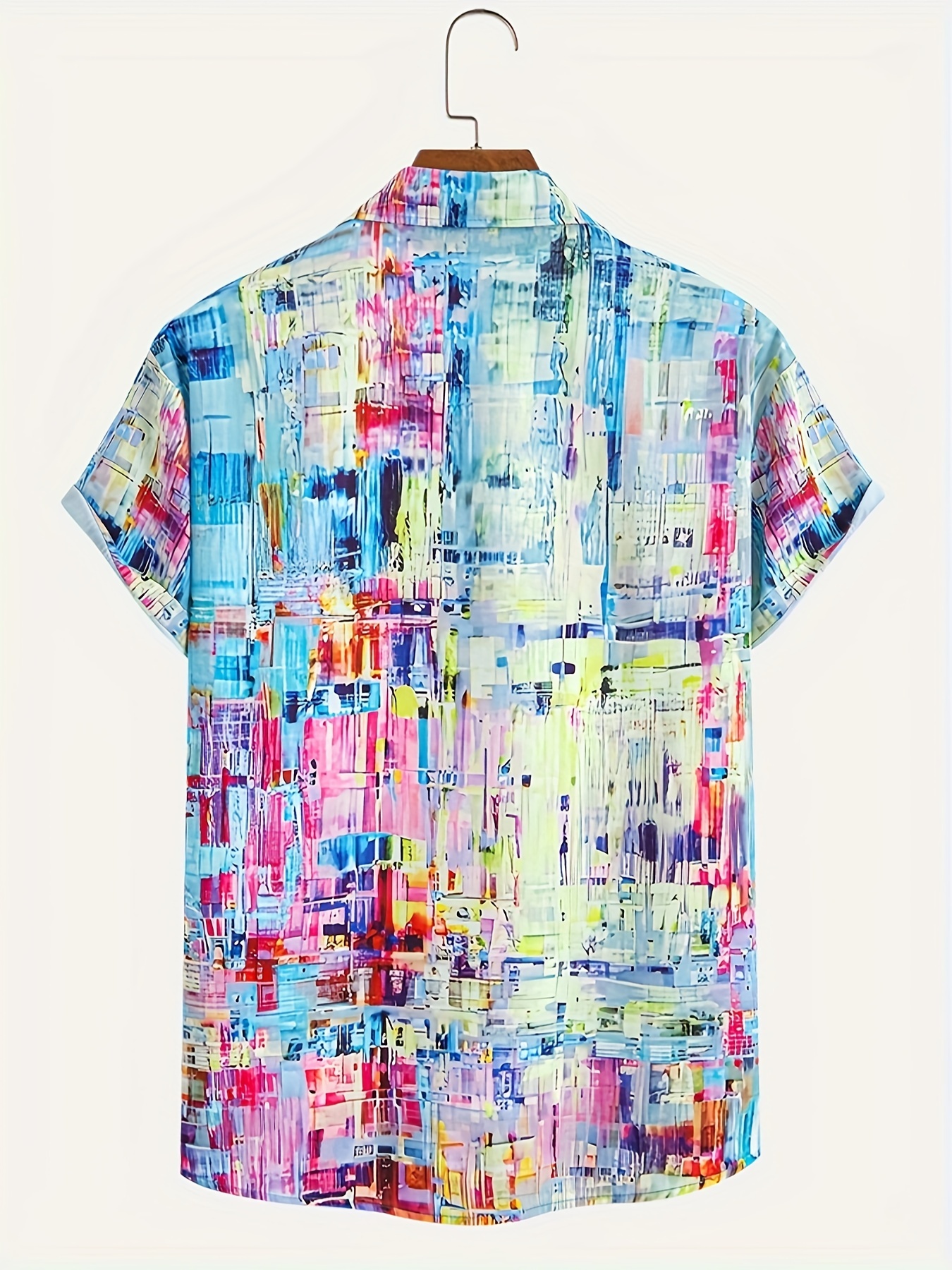 Men Colorful Abstract Pixel Print Short Sleeve Turn-down Collar Shirt Summer Beach Casual Button Down Streetwear Top