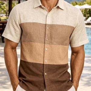 Men’s Earth Tone Horizontal Stripe Shirt, Casual Color-Block for Spring and Summer, Beach Vacation Casual Wear for Men