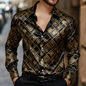 New 11 color men’s long sleeved shirt with gold 3D printing, fashionable checkered pattern, luxurious shirt style