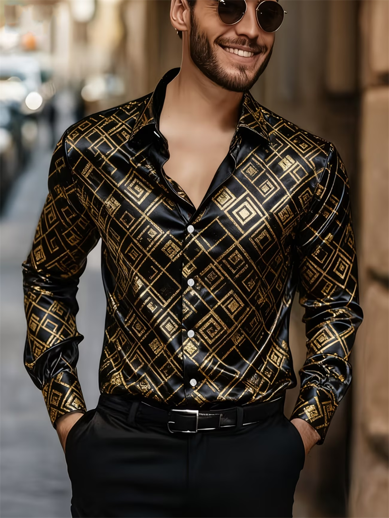 New 11 color men's long sleeved shirt with gold 3D printing, fashionable checkered pattern, luxurious shirt style