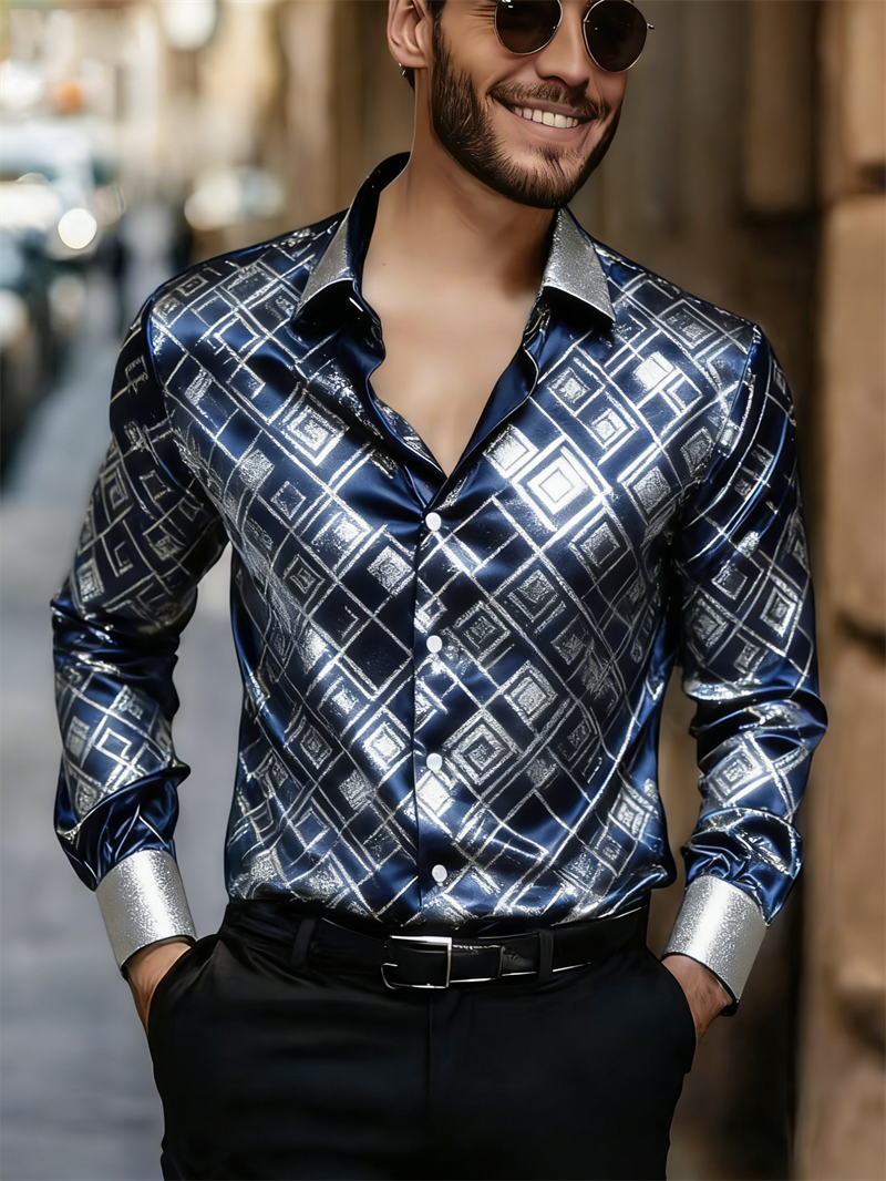 New 11 color men's long sleeved shirt with gold 3D printing, fashionable checkered pattern, luxurious shirt style
