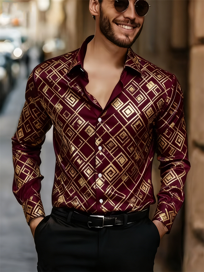 New 11 color men's long sleeved shirt with gold 3D printing, fashionable checkered pattern, luxurious shirt style