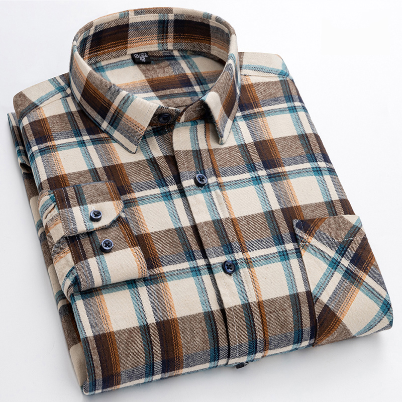 New Spring Long Sleeve Plaid Shirts For Men 100% Cotton Flannel Plus Size Easy Care Comfortable Top Casual Smart Dress Shirts