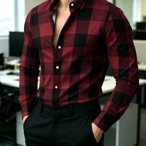 Men’s Orange Blue Large Plaid Long Sleeve Collar Shirt Retro Plaid Casual Business Slimming Plaid Shirt