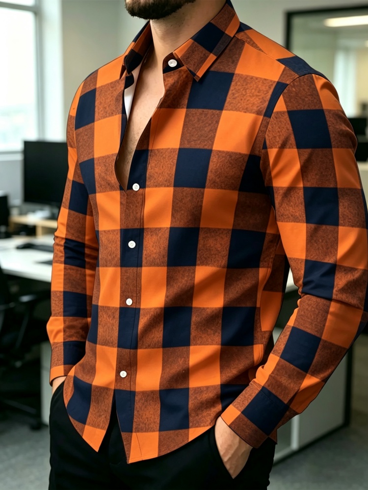 Men's Orange Blue Large Plaid Long Sleeve Collar Shirt Retro Plaid Casual Business Slimming Plaid Shirt