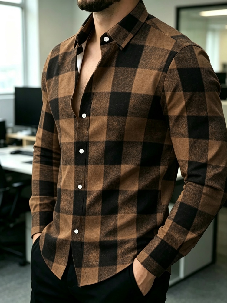 Men's Orange Blue Large Plaid Long Sleeve Collar Shirt Retro Plaid Casual Business Slimming Plaid Shirt