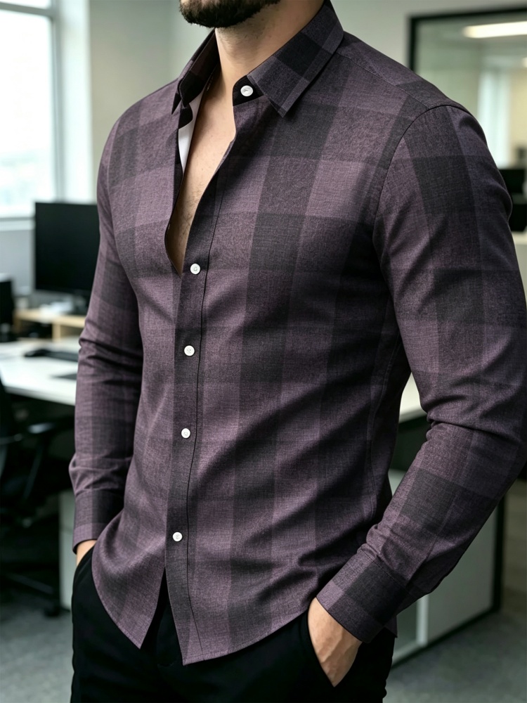 Men's Orange Blue Large Plaid Long Sleeve Collar Shirt Retro Plaid Casual Business Slimming Plaid Shirt
