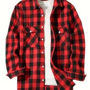 Spring and Autumn Fashion Cotton Long Sleeve Men’s Shirt New Brushed Red Plaid Business Leisure Fit Flannel No iron