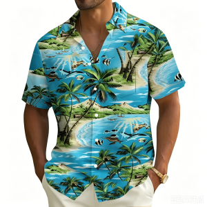 2026 Color Contrasting Geometric Island Parrot Printed Short Sleeve Shirt Loose Hawaiian Vacation Men’s Flower Shirt