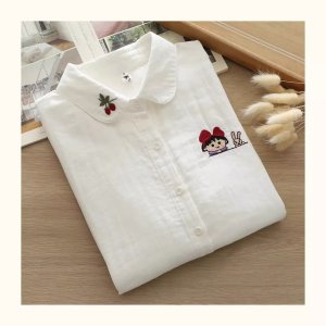 Pure Cotton Cherry Embroidered White Shirt Women’s Long Sleeve Spring Autumn Fresh Artistic Japanese Style Button up Blouse