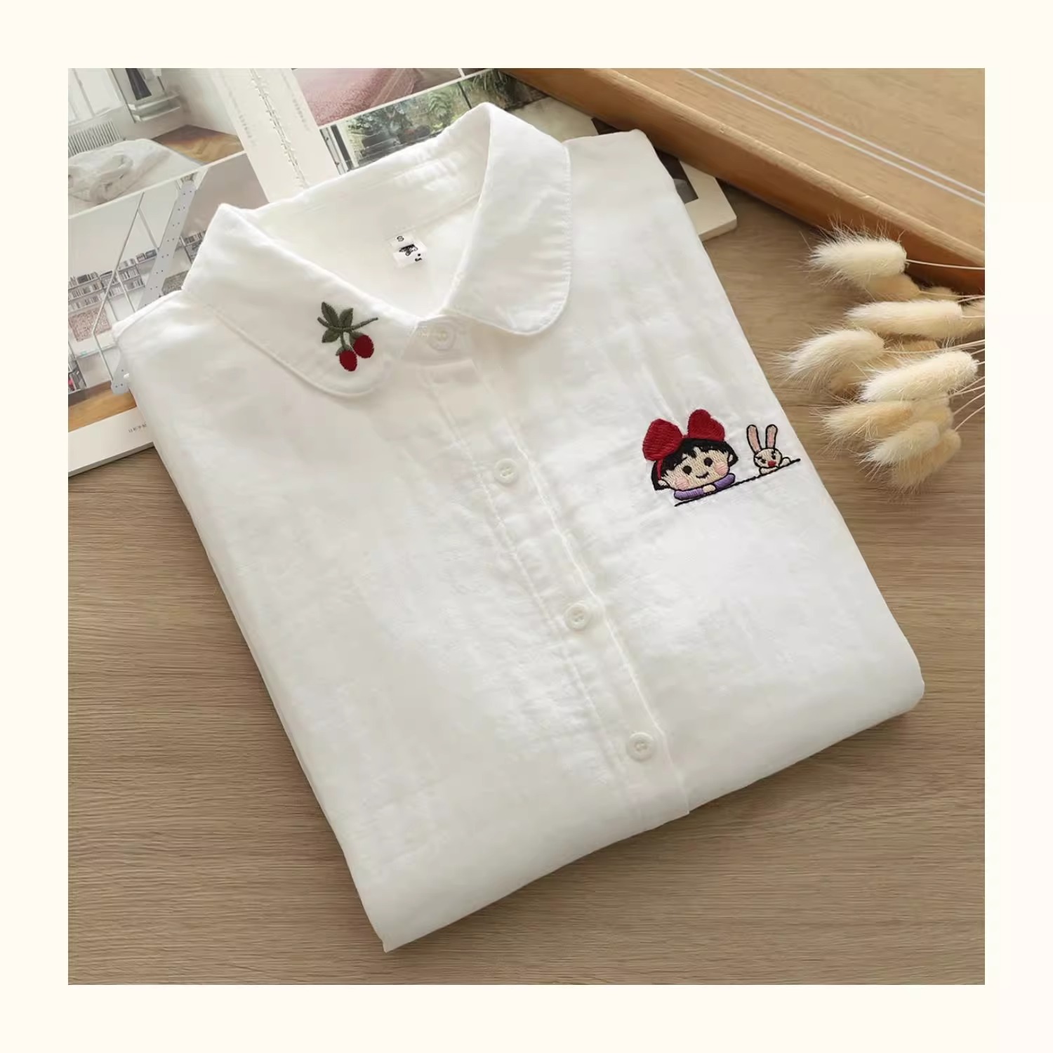 Pure Cotton Cherry Embroidered White Shirt Women's Long Sleeve Spring Autumn Fresh Artistic Japanese Style Button up Blouse