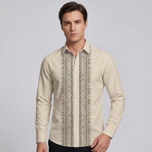 Cross-border hot2027Men’s long-sleeve Shirt  Spring And Autumn Casual Fashion Shirt With Ethnic Style Elements  turn-down Collar