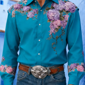 New Men’s Long Sleeved Shirt With Western Lapel 3D Printed Flower Pattern Men’s Top Soft And Comfortable