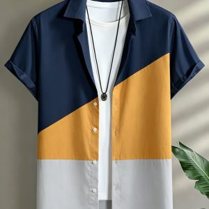 Men’s geometric color blocked vacation short sleeved shirt, for casual activities, street travel, eye-catching vacation style