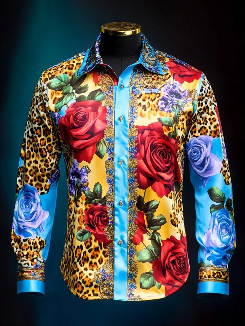 New Men's Style Long Sleeved Shirt With 3D Floral Print Stripes Casual Street Fashion Long Sleeved Shirt Top