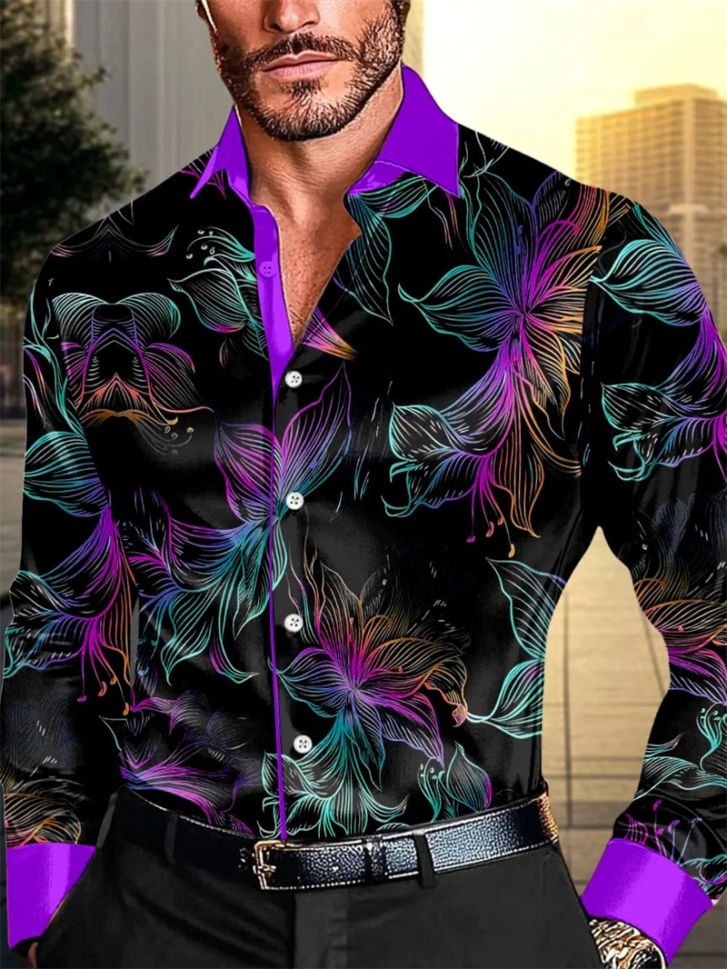 New Men's Style Long Sleeved Shirt With 3D Floral Print Stripes Casual Street Fashion Long Sleeved Shirt Top
