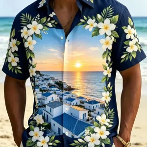 Men’s Retro Sunset Coastal Print Shirt Exotic Tropical Style for Summer Holiday Beach Trips Daily Outings & Casual Wear