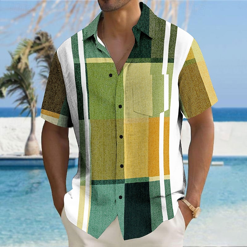 Pattern Hawaiian Shirt men's 3D Checkered Printed Shirt men's Fashionable Beach Shirt Short Sleeved Shirt Button