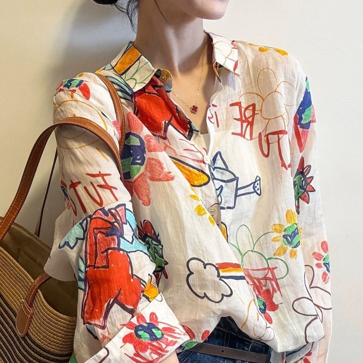 Retro Print Fashionable Shirt Women's Thin  Collar Spring Summer New Style Floral Patterned Casual Long Sleeve Blouse
