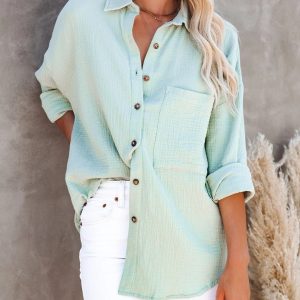 Women’s Oversize Shirt Pocket Elegant Beautiful Blouse Women Casual Solid Turn Down Collar Loose Long Sleeve Top 2023 New