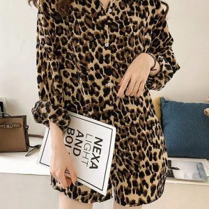 Zoki Retro Leopard Women Long Shirt Streetwear Oversize Loose Long Sleeve Y2K Tops Korean Fashion Female Spring Casual Blouse